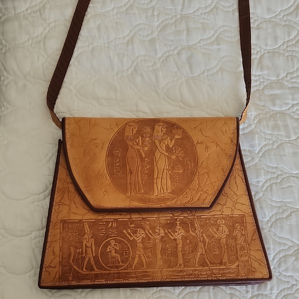 Brown Leather Shoulder Bag with Egyptian Motif